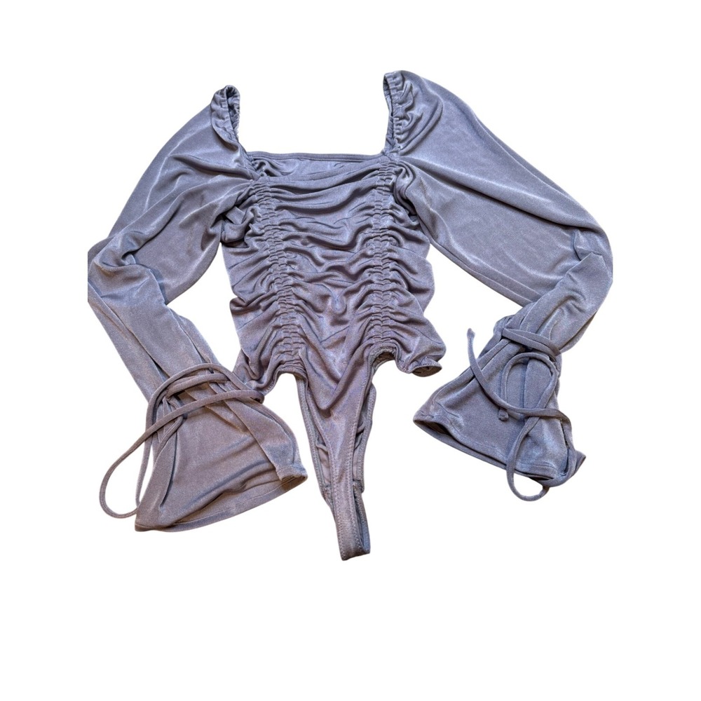 Free People Ruched Square Neck Long Sleeve Bodysuit‎ Shimmer Lilac - Picture 3 of 7